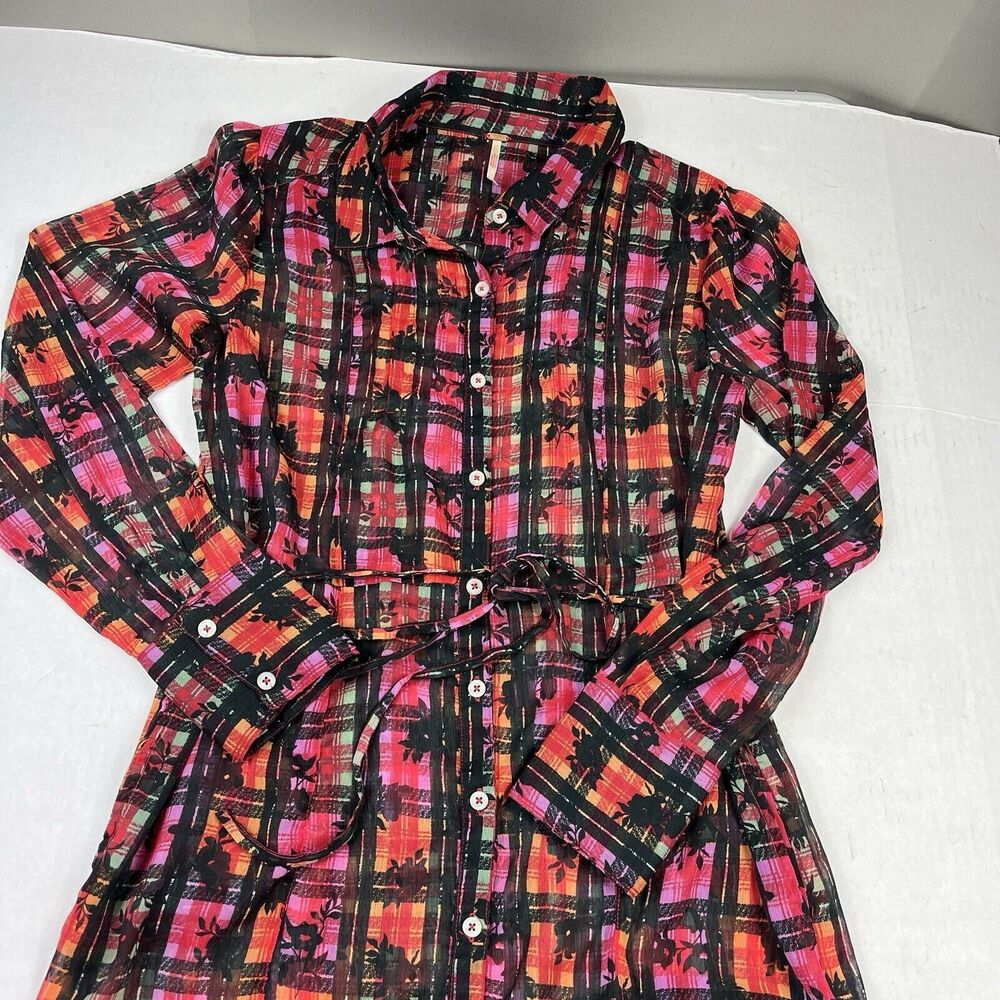 Free People Jerra Maxi Shirt Dress Plaid Punk Button Down Sheer Waist Tie MEDIUM - Picture 3 of 14